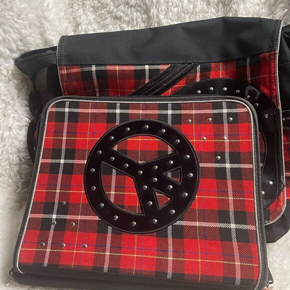 Justice Red Plaid Messenger Bag & Binder with Peace Sign studded accents. - Picture 5 of 10